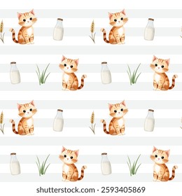 Seamless pattern with cute watercolor cat and milk bottle. Domestic animals. Farm watercolor pattern. 