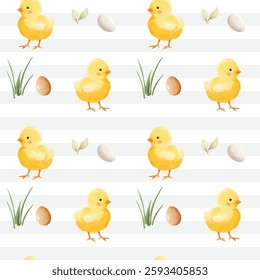 Seamless pattern with cute watercolor chick and eggs. Domestic animals. Farm birds watercolor pattern. 