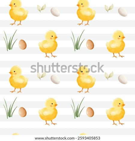 Seamless pattern with cute watercolor chick and eggs. Domestic animals. Farm birds watercolor pattern. 