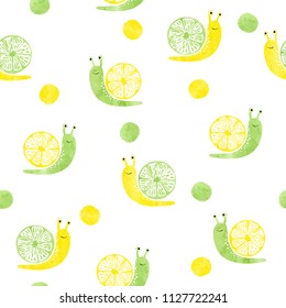 Seamless pattern with cute watercolor citrus snails.