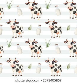 Seamless pattern with cute watercolor cow and milk bottle. Domestic animals. Farm animals watercolor pattern. 