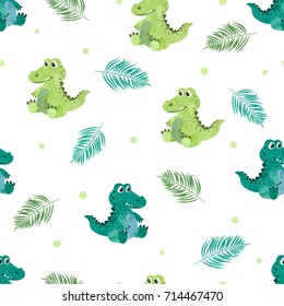 Seamless pattern with cute watercolor crocodiles. Vector background for kids.