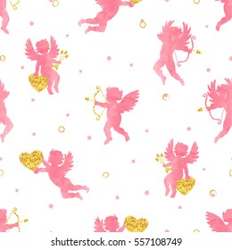 Seamless pattern with cute watercolor Cupids. Valentines Day vector design. 