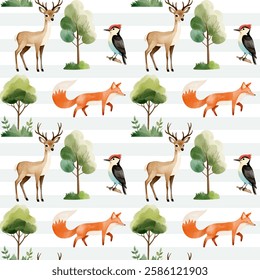 Seamless pattern with cute watercolor deer, fox and woodpecker. Forest wildlife backgrounds. Watercolor woodland