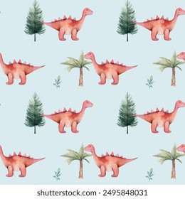 Seamless pattern with cute watercolor dinosaurs and trees. Watercolor nursery backgrounds