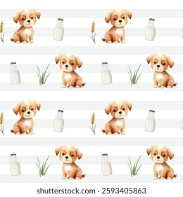 Seamless pattern with cute watercolor dog and milk bottle. Domestic animals. Farm watercolor pattern. 