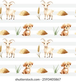 Seamless pattern with cute watercolor dog, goat and grain. Domestic animals. Farm watercolor pattern. 