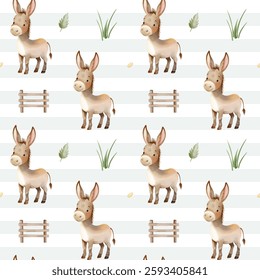 Seamless pattern with cute watercolor donkey. Domestic animals. Farm animals watercolor pattern. 