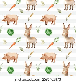 Seamless pattern with cute watercolor donkey, pig and vegetables. Domestic animals. Farm watercolor pattern. 