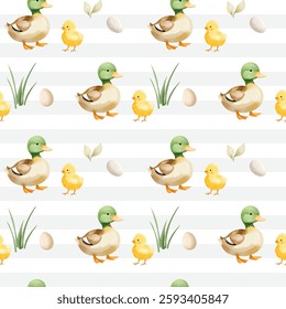 Seamless pattern with cute watercolor duck, chick and eggs. Domestic animals. Farm birds watercolor pattern. 