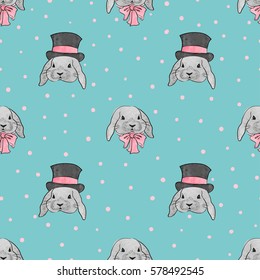 Seamless pattern with cute watercolor fashion rabbits. Vector background for kids.