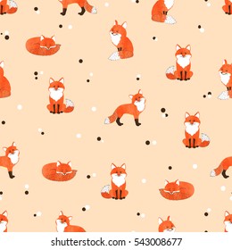 Seamless pattern with cute watercolor foxes. Vector background.