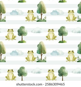 Seamless pattern with cute watercolor frog, trees and clouds. Forest wildlife backgrounds. Watercolor woodland