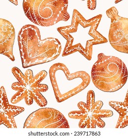 Seamless pattern of cute watercolor gingerbread. Christmas gingerbread cookies. Christmas decorations. Vector watercolor illustration, eps10.