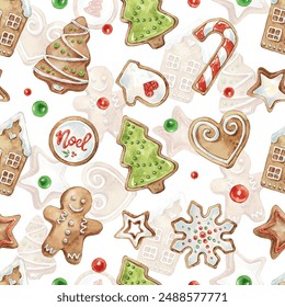 Seamless pattern of cute Watercolor Gingerbread. Christmas gingerbread cookies. Christmas decorations. Vector watercolor illustration of Christmas tree, snowflake, house, stars, heart, man, candy.