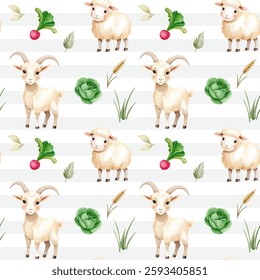 Seamless pattern with cute watercolor goat and sheep. Domestic animals. Farm animals watercolor pattern. 