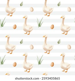 Seamless pattern with cute watercolor goose and eggs. Domestic animals. Farm birds watercolor pattern. 