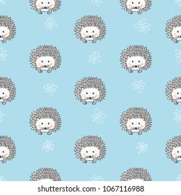 Seamless pattern with cute watercolor hedgehogs. Vector kids background.