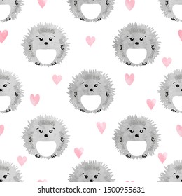 Seamless pattern with cute watercolor hedgehogs and hearts.