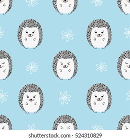 Seamless pattern with cute watercolor hedgehogs. Vector background for kids