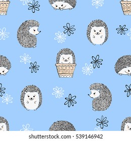 Seamless pattern with cute watercolor hedgehogs. Vector kids background.