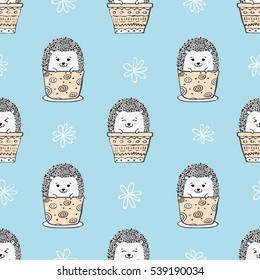 Seamless pattern with cute watercolor hedgehogs in pots. Vector background for kids.