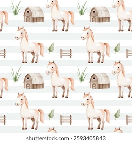 Seamless pattern with cute watercolor horse and barn. Domestic animals. Farm animals watercolor pattern. 