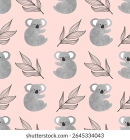 Padrão sem costura com coala de aquarela bonito ursos em rosa. Plano de fundo infantil vetorial