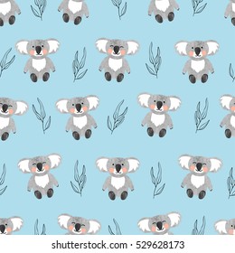Seamless pattern with cute watercolor koala bears on blue. Vector background for kids.