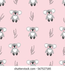 Seamless pattern with cute watercolor koala bears on pink. Vector background for kids.