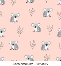 Seamless pattern with cute watercolor koala bears on pink. Vector background