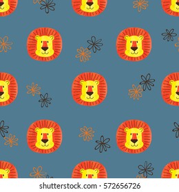 Seamless pattern with cute watercolor lions. Vector illustration for lids design. 