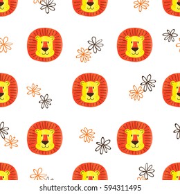 Seamless pattern with cute watercolor lions. Vector illustration for lids design.