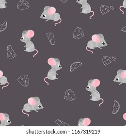 Seamless pattern with cute watercolor mice and sketch cheese.