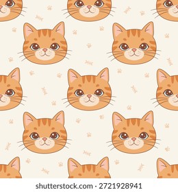 Padrão contínuo de bonito aquarela laranja tabby gato faces com impressões de pata. Adorável gatinho de gengibre cabeça desenhada à mão ilustração no fundo bege. Fundo sem costura doce do gato e do osso do peixe.