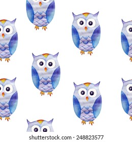 Seamless pattern from cute watercolor owls on white background. Vector image.