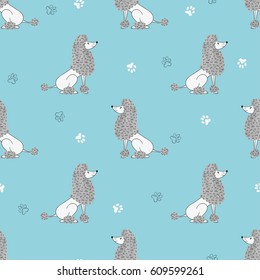Seamless pattern with cute watercolor poodles dogs. Vector background for kids.