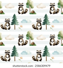 Seamless pattern with cute watercolor raccoon, pine and clouds. Forest wildlife backgrounds. Watercolor woodland