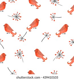 Seamless pattern with cute watercolor red birds and branches. Vector background. 