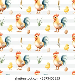 Seamless pattern with cute watercolor rooster and chick. Domestic animals. Farm birds watercolor pattern. 