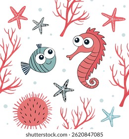 Seamless pattern of cute watercolor sea creatures and ocean elements on a vector design