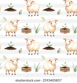 Seamless pattern with cute watercolor sheep. Domestic animals. Farm animals watercolor pattern. 