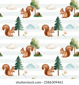 Seamless pattern with cute watercolor squirrel, pine and clouds. Forest wildlife backgrounds. Watercolor woodland