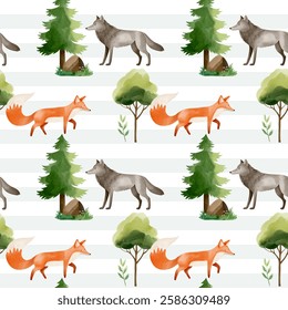 Seamless pattern with cute watercolor wolf, fox and pine. Forest wildlife backgrounds. Watercolor woodland