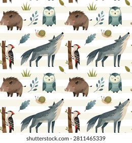 Seamless pattern with cute watercolor wolf, wild boar, owl, woodpecker. Forest backgrounds. Watercolor woodland