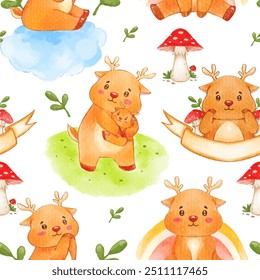 Seamless pattern of cute watercolor woodland creatures and nature elements on a white background. Ideal for children’s designs and nursery decor. 