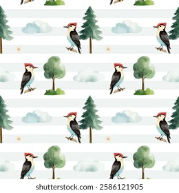 Seamless pattern with cute watercolor woodpecker, pine and clouds. Forest wildlife backgrounds. Watercolor woodland