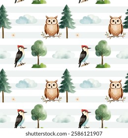Seamless pattern with cute watercolor woodpecker, owl and pine. Forest wildlife backgrounds. Watercolor woodland