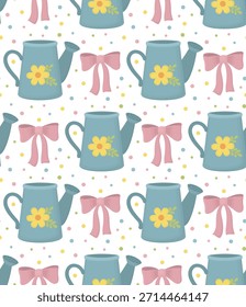 Patrón sin fisuras con lindas latas de riego y encantadores arcos. Fondo de primavera con Elementos de jardín en colores pastel