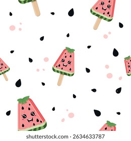 Seamless Pattern with Cute Watermelon Ice Cream Characters on Light Background – Vector Design for National Watermelon Day, Summer Decor, Kids Textile and Seasonal Holiday Projects